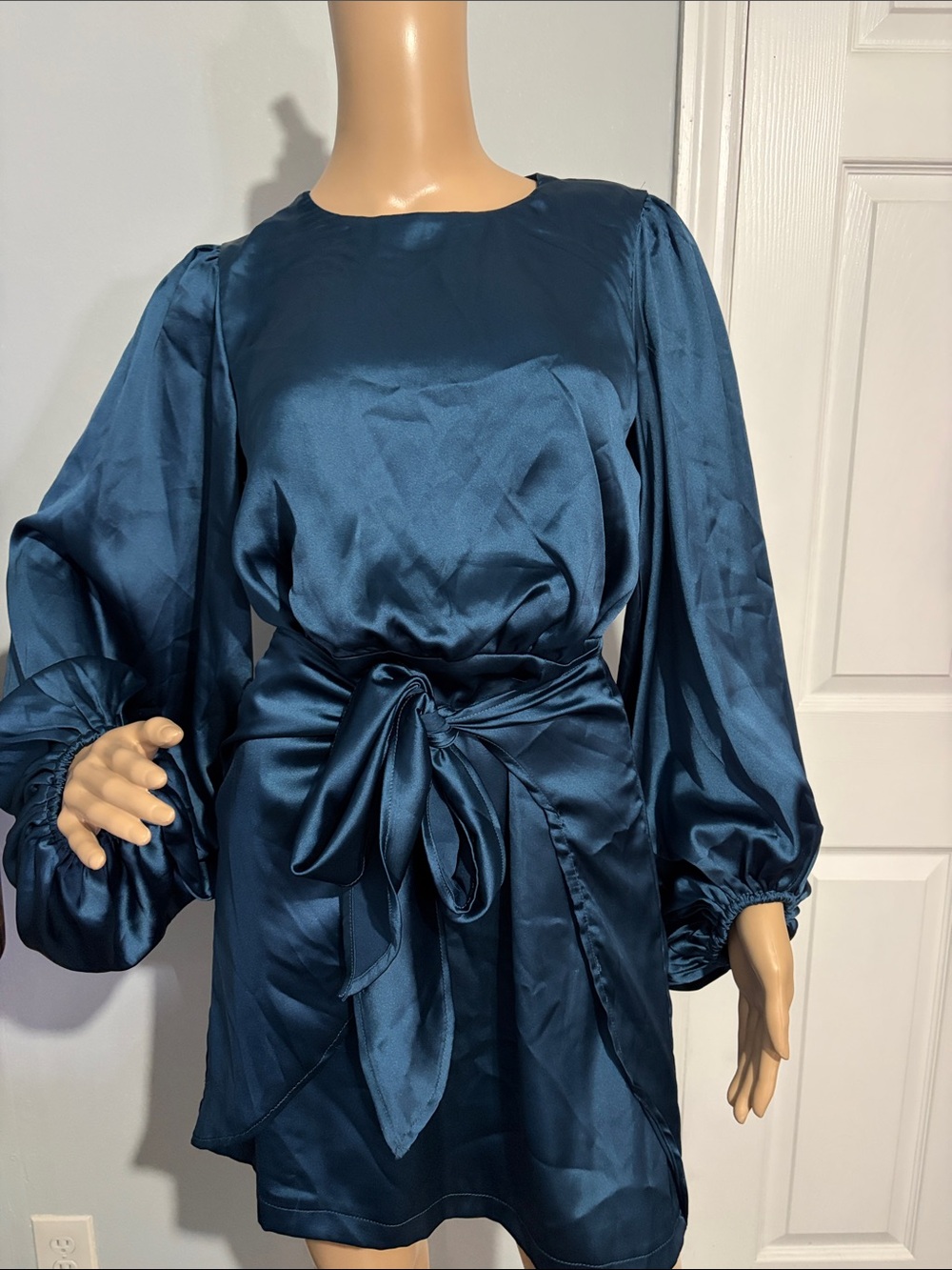 Petal & Pup Satin Mini Dress in Teal Blue with Tie Waist